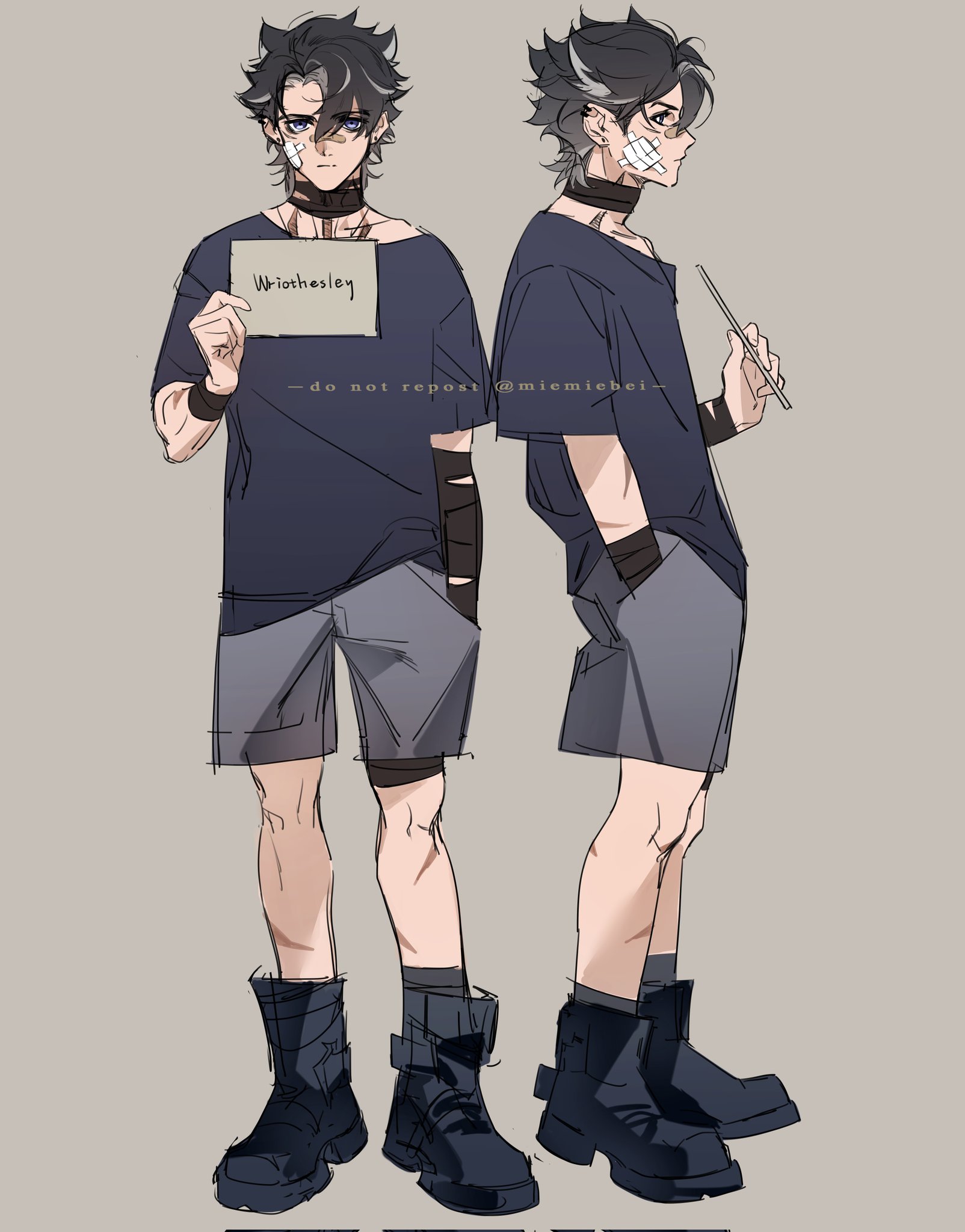 this is a drawing of an anime male character. the character has short black hair with blue eyes. he is wearing a blue shirt and blue shorts with black boots. he is holding a sign that says "wriothesley" and a stick in his other hand. there are bandages on his hands. the character is drawn in a simple style with a grey background.