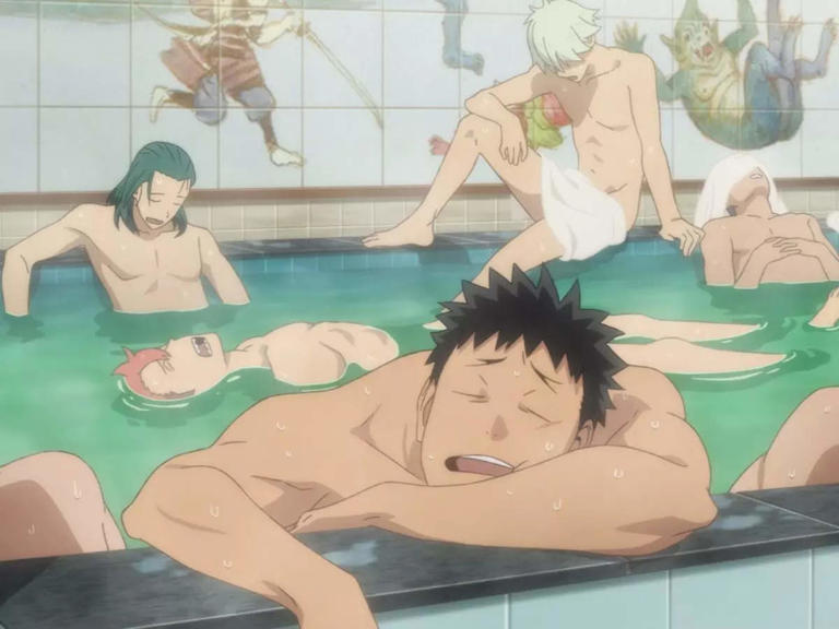 the image shows a group of men relaxing in a traditional japanese bathhouse. the scene is brightly lit, likely