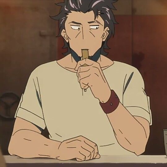 an anime man with brown hair is sitting in a bar or restaurant and is eating a stick of food. he is looking off to the side with a bored expression, lost in thought or contemplating.  he is wearing a white t shirt and has a brown bracelet on his wrist. the man is positioned on the right side of the image and is looking toward the left side.