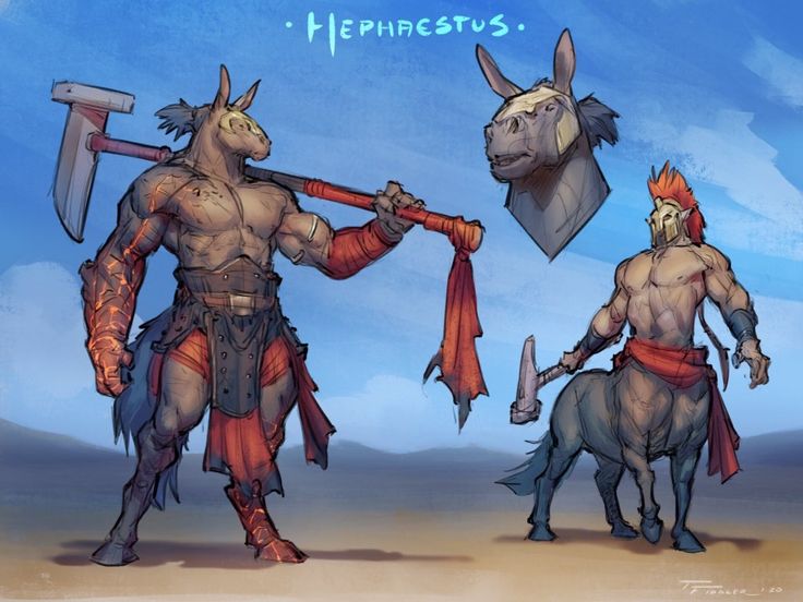 a digital painting of two versions of hephaestus, the greek god of fire. one hephaestus is a centaur with a hammer, while the other hephaestus is a humanoid with a hammer. the centaur hephaestus is a muscular, redskinned creature, while the humanoid hephaestus is a more humanoid creature, but with a donkey head. both hephaestus figures are depicted in a desert setting.  there is a head portrait of the donkey head.