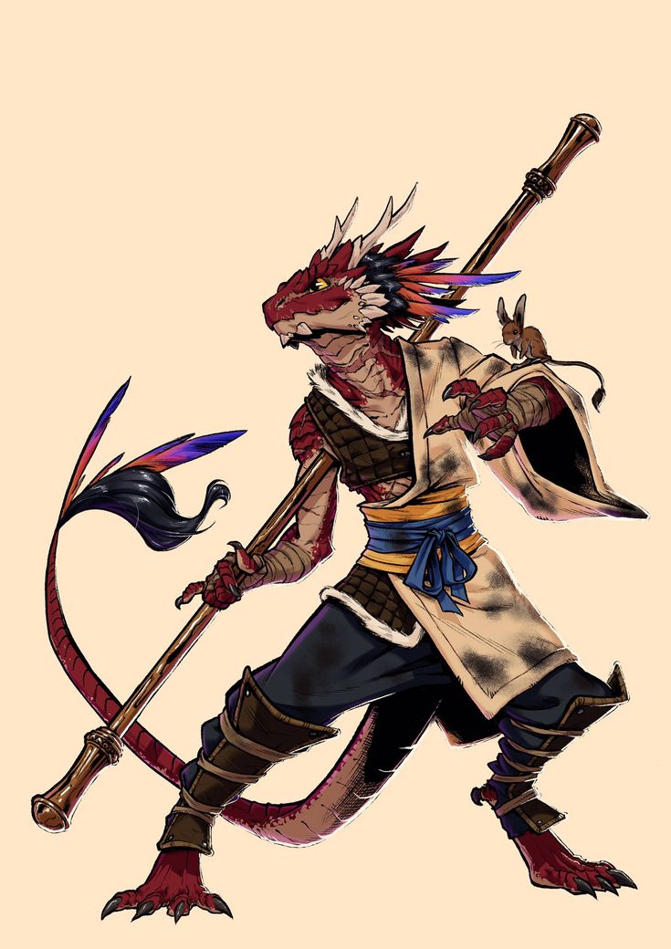 a red and black dragonborn warrior with a long tail stands in a fighting pose, wielding a long wooden staff. he is wearing armor, a long white robe with a blue sash, and brown pants. a small mouse sits on his shoulder. he is about to strike with his staff. the background is a solid beige color.