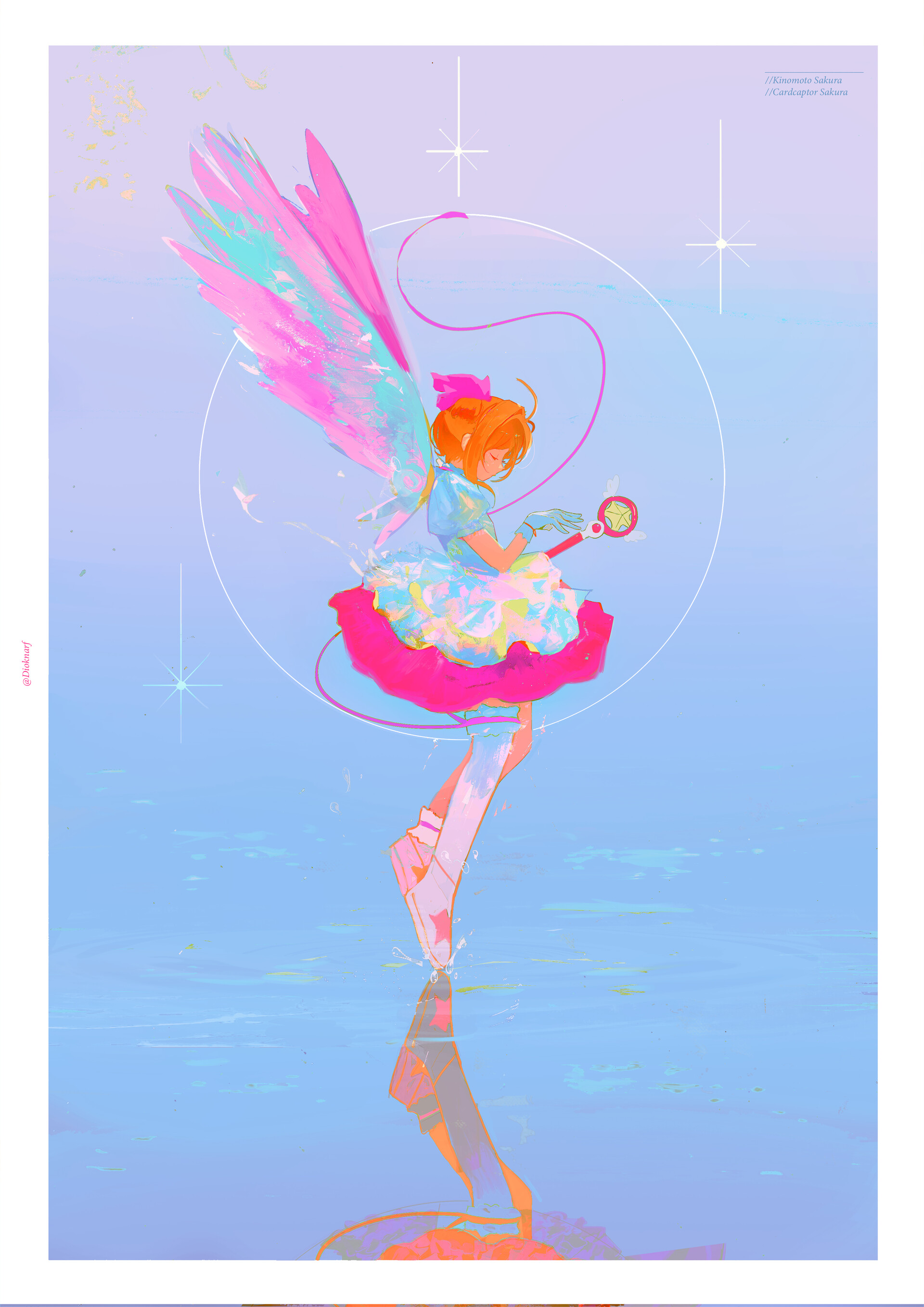 a girl with bright orange hair, reminiscent of an anime character, stands on a surface of shimmering water. she's dressed in a vibrant pink and blue outfit, adorned with floral patterns, and holds a wand with a flowering tip. large, iridescent butterfly wings sprout from her back, and a subtle halo floats above her head. the scene is bathed in soft, ethereal lighting, creating a whimsical and magical atmosphere. her reflection in the water adds depth and emphasizes the serene setting.