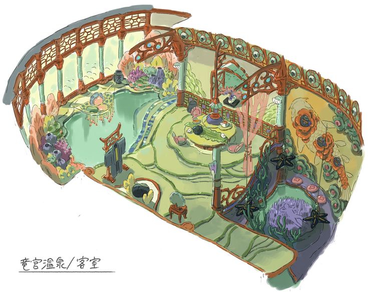 the image is a vibrant, whimsical concept art piece depicting the interior design of a fantastical room.  the style strongly resembles that of studio ghibli films, with soft, pastel colors and a blend of organic and architectural elements.the room is circular or semicircular, with curved walls featuring intricate wood detailing and ornate asianinspired patterns. a central area features a low table set for a tea ceremony, surrounded by plush, green carpeting that appears to blend into a small garden.  a calming pond or pool with floating decorations is situated near a section with arched windows that look out onto a serene, misty landscape.floral elements are abundant, both as painted decorations on the walls and as real plants integrated into the room's design. the overall impression is one of peacefulness and tranquility, a blend of nature and sophisticated design. the scene is viewed from an isometric perspective, providing a bird'seye view of the entire space.  the text at the bottom seems to be a title or description in chinese/japanese characters.