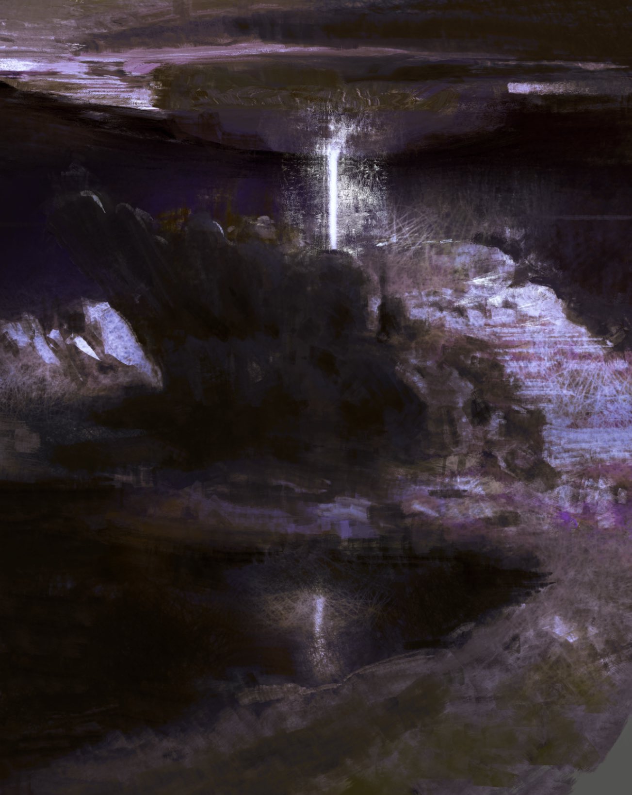 a dark, atmospheric landscape with a waterfall cascading down from a cliff face. the water is illuminated by a light source above, creating a stream of white light that stretches down to the bottom of the image. the landscape is obscured by shadows and mist, giving the image a sense of mystery and depth.  the colors are muted and the brushstrokes are visible, adding to the abstract and dreamlike quality of the image.