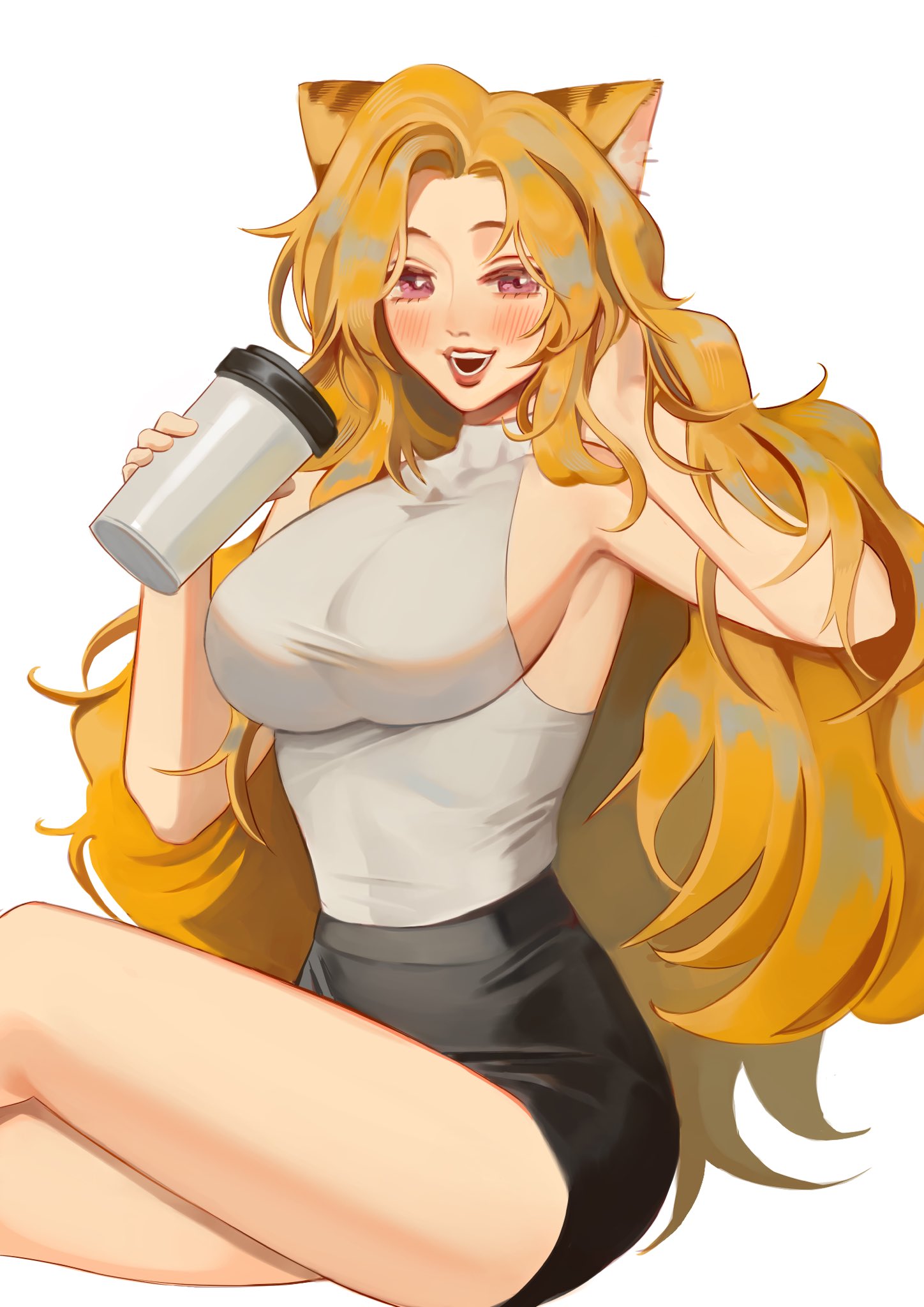 this illustration shows a young woman with cat ears and long blonde hair, smiling brightly as she holds a cup of coffee. she's wearing a white tank top and black shorts.  the illustration is done in a vibrant and stylized anime style.