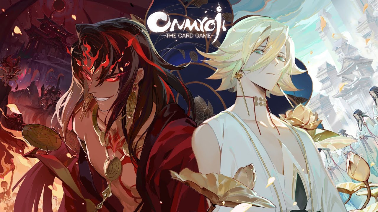 the image is a promotional artwork for the card game onmyoji. it features two male characters, one with red hair and fiery elements and the other with blonde hair and water elements, standing in front of a background of japaneseinspired architecture and scenery. the characters are both depicted in a stylized, anime style. the red haired character has a fierce expression, while the blonde haired character has a more stoic expression. the artwork is full of color and detail, creating a striking and visually appealing image.  the title of the game, "onmyoji  the card game", is featured prominently at the top of the image.