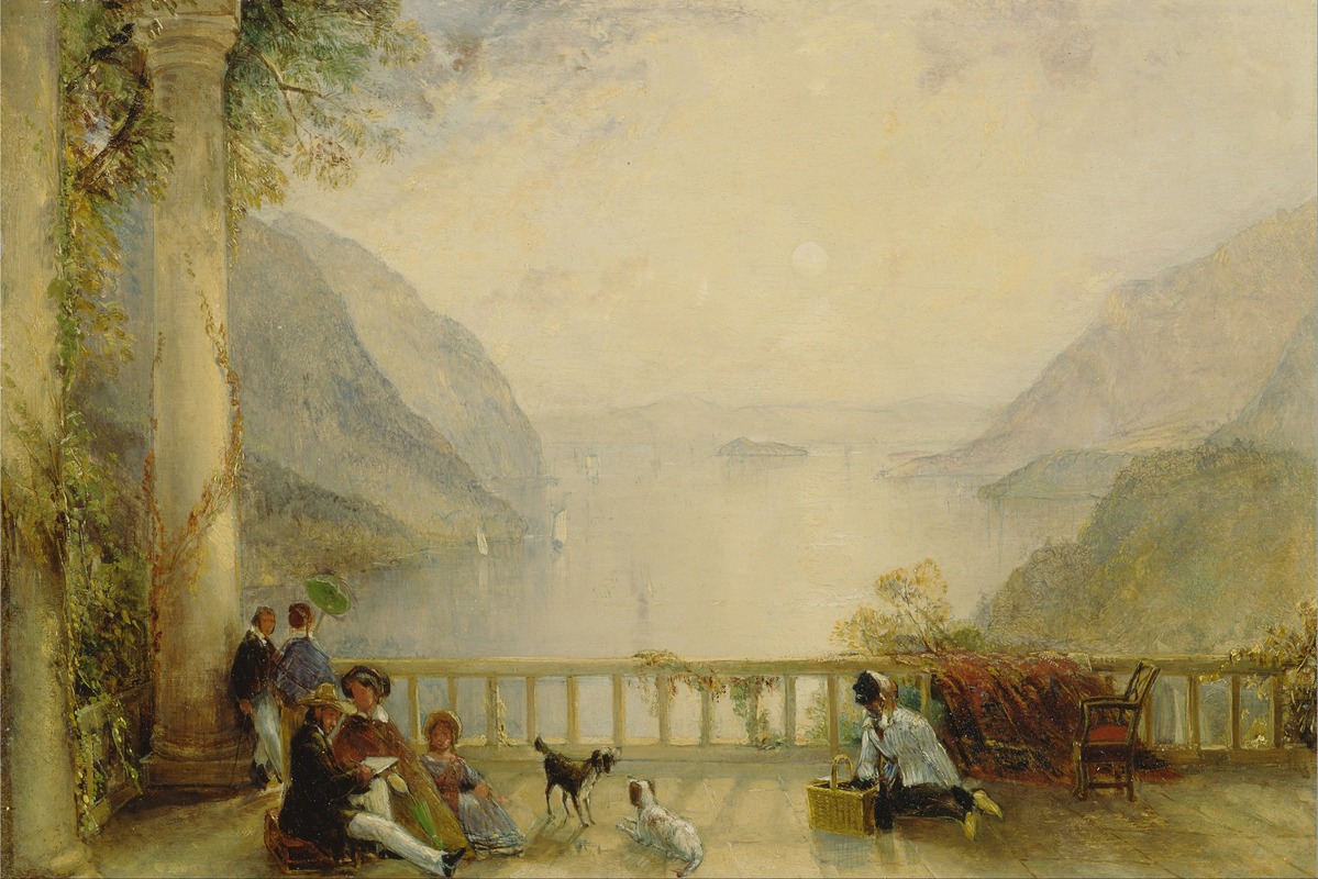 an oil painting depicts a scenic view of a lake surrounded by mountains. in the foreground, there is a terrace with a white balustrade. several figures are present on the terrace, including a family engaged in a picnic. two dogs are also present. to the left, there are architectural columns with climbing plants. the background features the lake and mountains under a hazy sky, with a few sailboats visible on the water.