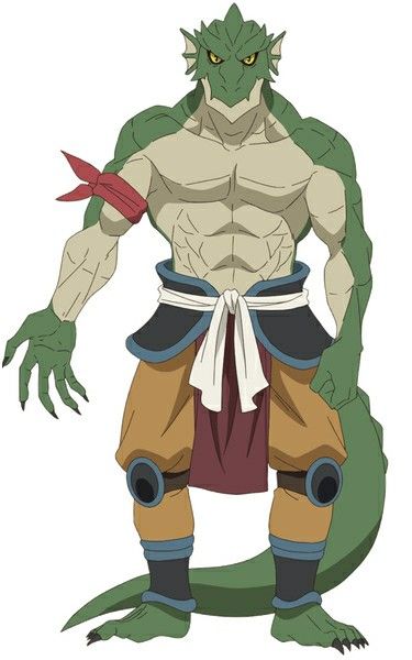 a greenskinned humanoid lizardlike creature with a tail. he is wearing a red headband, and his arms are very muscular. he is wearing a black, red, and yellow armored outfit. he looks like a warrior, and seems to be from an anime.