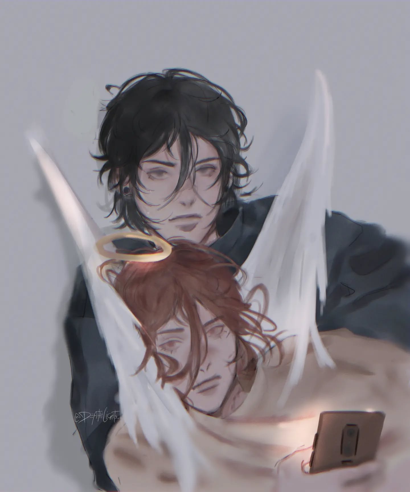 he image is a digital painting or illustration depicting two young men in a tender embrace. one of them appears to have angel wings and a halo, suggesting a celestial or ethereal theme. they are close together, with the man without wings resting his head on the other's shoulder. the overall atmosphere is soft, gentle, and intimate, with a muted color palette and a focus on emotional expression. the background is blurry and indistinct, drawing attention to the figures in the foreground. the style is reminiscent of anime or manga, with stylized features and flowing lines.  one of them appears to be holding a cellphone.