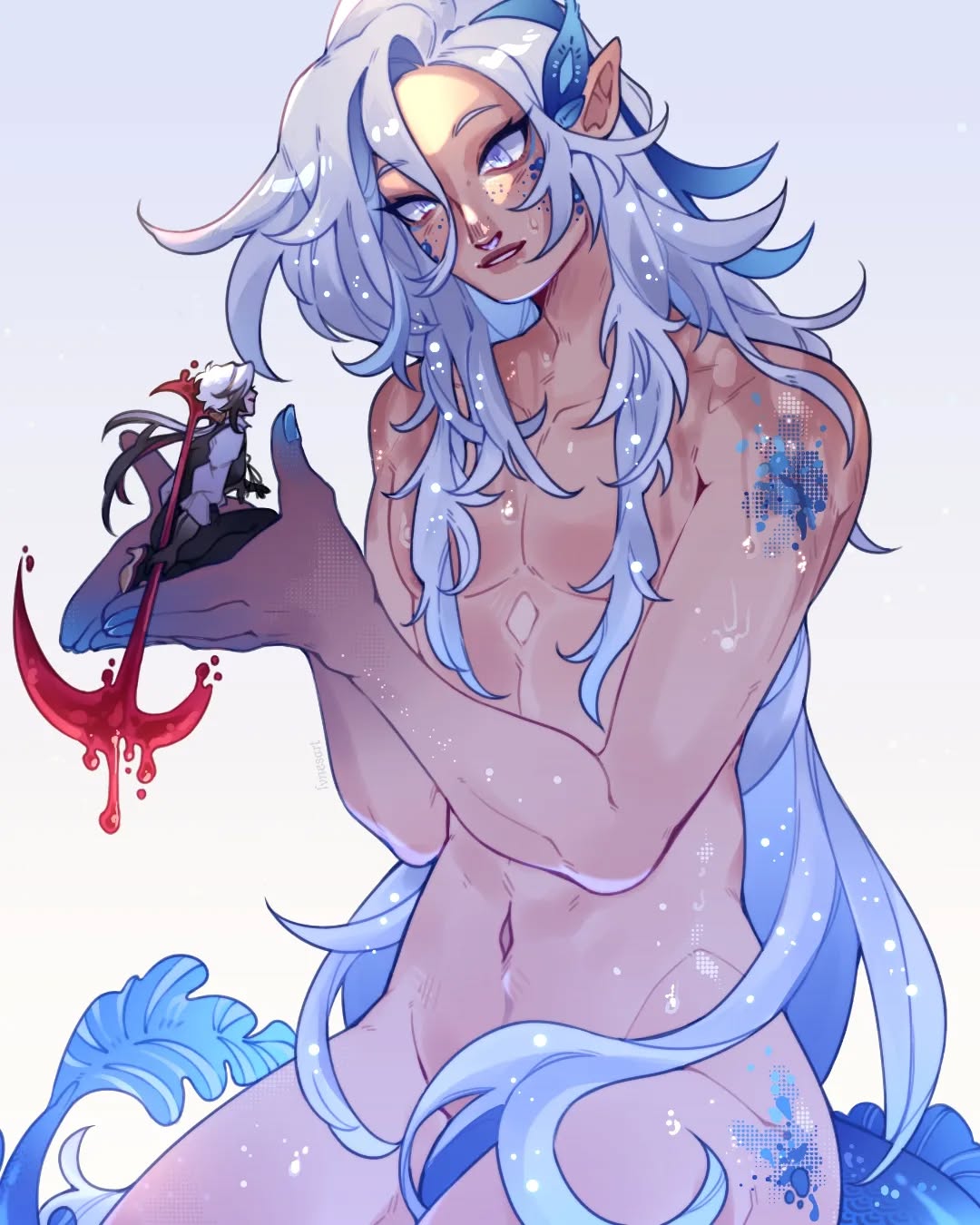 the image is a digital painting of a large, androgynous merman with long, flowing light blue hair. he has pale skin, subtle freckles, and several small, pixelated blue tattoos on his body. his tail is partially visible and appears to be blue and light purple with a plantlike appendage.  he is holding a small, darkhaired figure in his hand. the small figure appears to be dressed in dark clothing and seems to be holding a small, bloody sickleshaped object. the overall style is reminiscent of anime or manga art, with soft shading and a dreamy atmosphere. the background is a simple light blue.