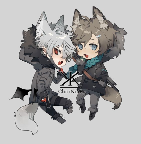 the illustration features two chibistyle characters, likely inspired by anime or manga, designed with wolflike features such as pointed ears and fluffy tails. both characters sport stylish, darktoned attire, including coats and accessories. one character, with white hair and striking red eyes, holds a gun, while the other, with gray hair and piercing blue eyes, carries a sword. their poses and expressions hint at a playful dynamic.