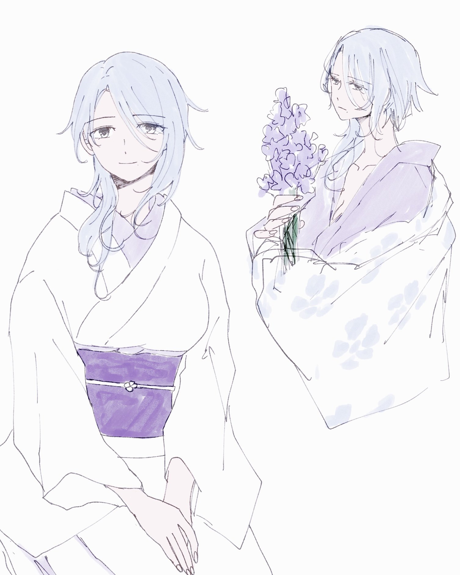 a drawing of an anime girl in a white kimono with a purple sash and a small flower design, holding a bouquet of purple flowers. the girl on the left is facing the viewer, and the girl on the right is facing away, looking off to the side. both girls have long, silver hair. the drawing is done in a sketchy style, with light blue and purple shading.
