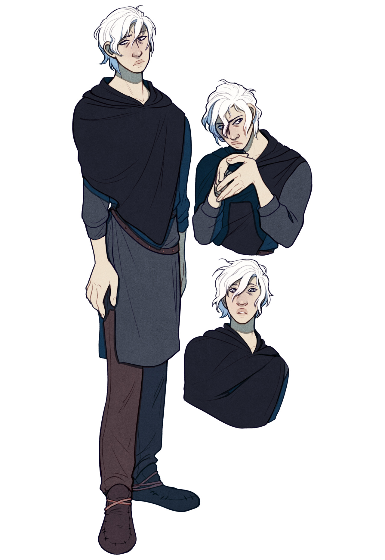 a digital illustration of a young man with white hair. he is wearing a dark blue tunic and brown pants with a black hooded cloak. the illustration shows three different views of the character: a fullbody front view, a 3/4 view from the waist up, and a closeup of his face.  the style is semirealistic with line art.