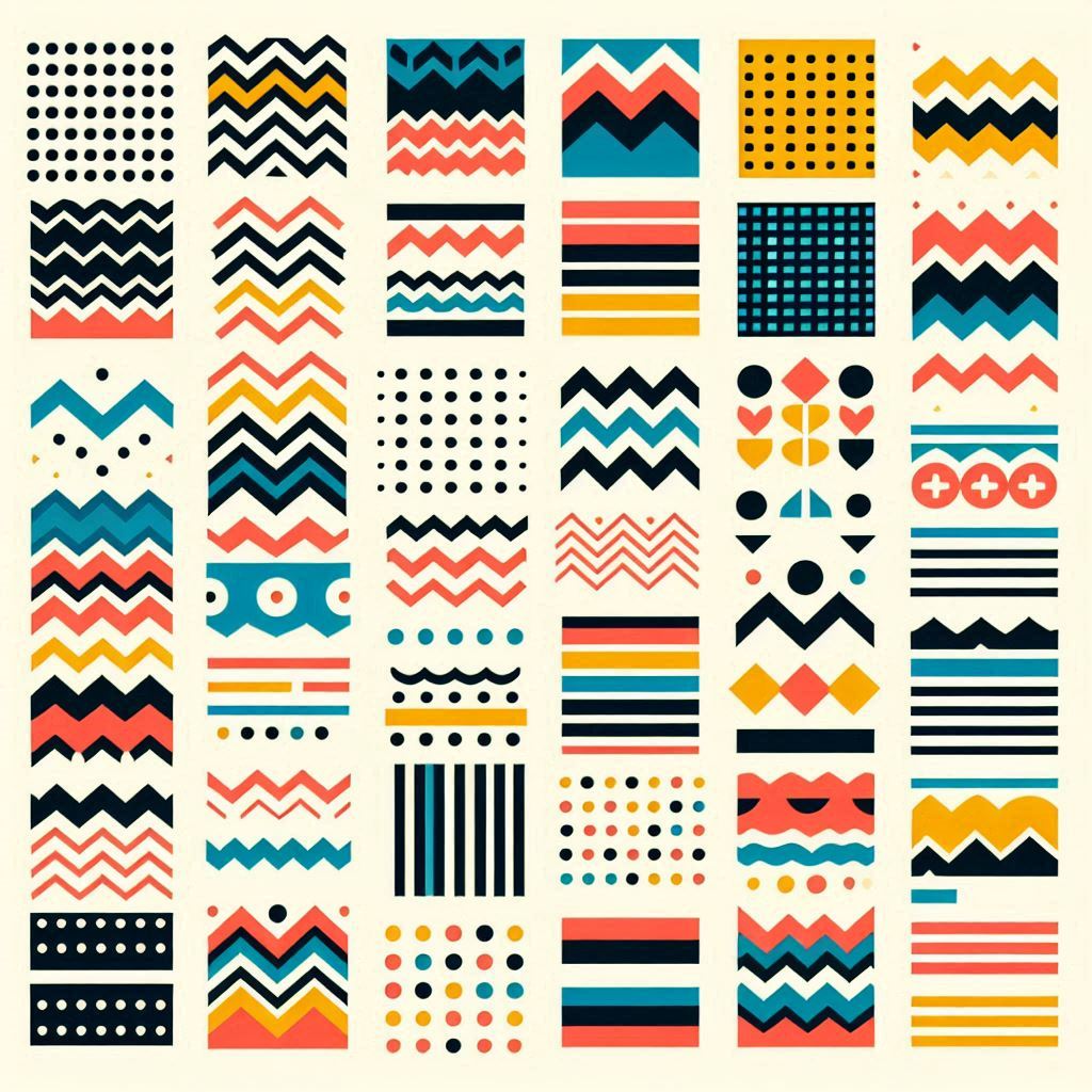 this image is a collection of 36 different abstract patterns. the patterns are made up of geometric shapes, lines, dots, waves, and stripes in a limited color palette of black, white, blue, yellow, and orange. the style is modern, graphic, and slightly retro. each pattern is contained within a square, and the squares are arranged in a 6x6 grid.