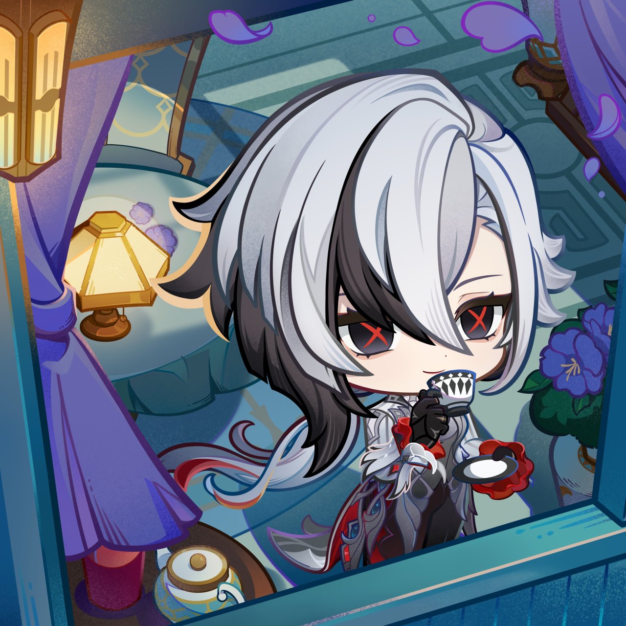 this is an illustration of a chibi character from the game genshin impact. the character has white and black hair with red eyes and is wearing a red and black outfit. they are sitting at a window and drinking tea from a teacup. the image is styled like a cartoon and is very cute and adorable.