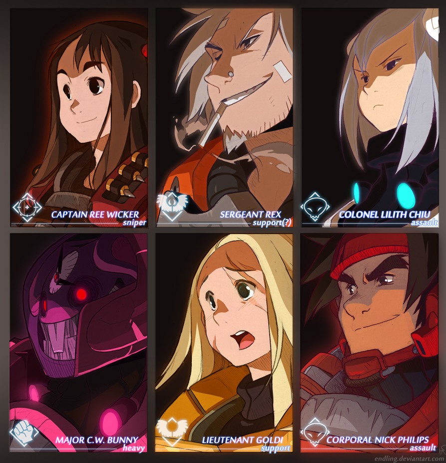 this image features a grid of six character portraits, seemingly inspired by video games like overwatch or team fortress 2. each character has a distinct design, suggestive of their personality and role within a team. they appear to be soldiers or fighters in a futuristic setting, with some wearing helmets and others wielding advanced weaponry. each portrait includes the character's name, rank, and likely role (sniper, support, assault, heavy).  the art style is cartoonlike with bold linework and vibrant colors.