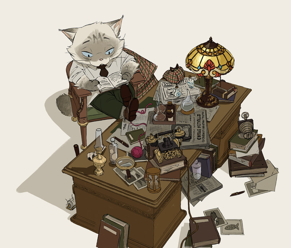 the image shows a cartoon of an anthropomorphic cat detective sitting in a chair reading a book. he has a tie on and is sitting at a cluttered desk with books, a lamp, a telephone, a magnifying glass, a newspaper and other items. the scene is indoors and a shadow of the cat and chair is visible. there are some drawings on the floor.