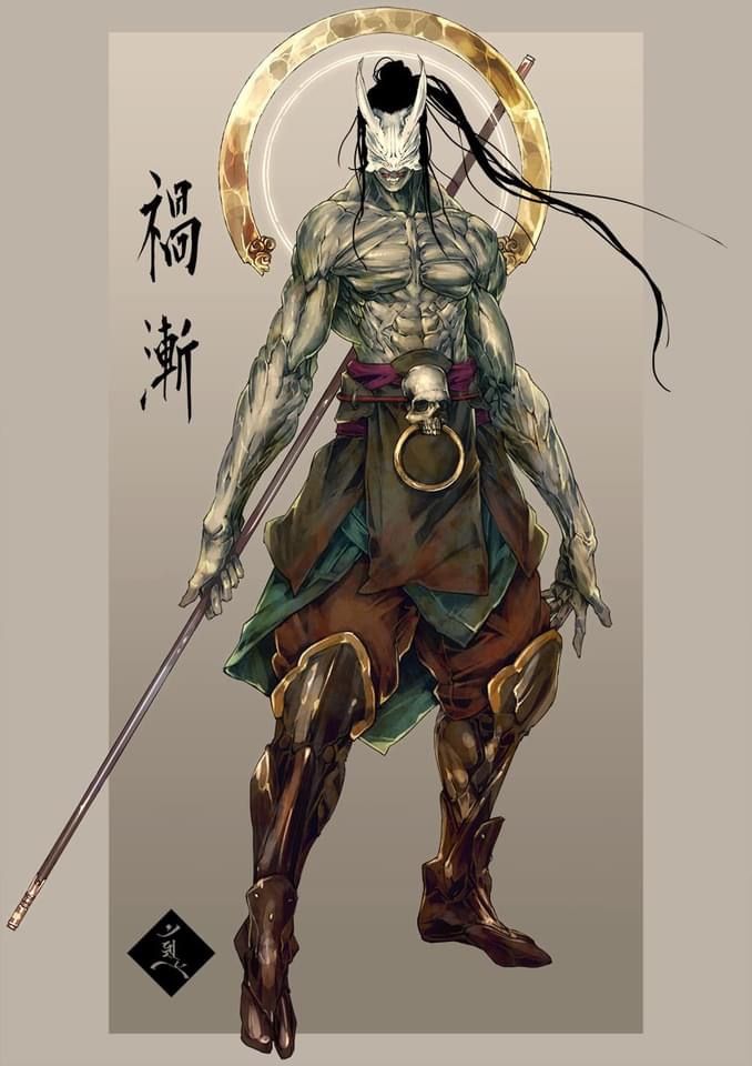 this is a digital artwork that showcases a fantasy warrior character. the character is a man, his body is muscular, and his skin has a pale grey tone that may hint at demonic origins. the man is dressed in a robe with a skulladorned belt and  armor on his legs. he is holding a spear in his left hand and has a halo above his head. the man has a stern expression on his face. the artwork has a japanese/chineseinspired style, with the inclusion of written characters on the right.