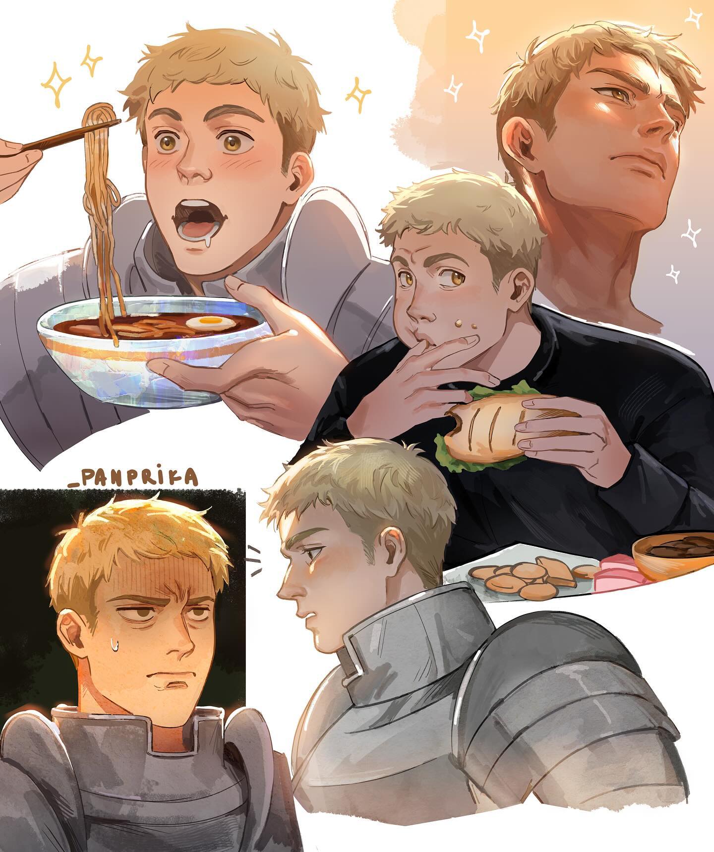 this is an anime art illustration of a blondehaired man in multiple poses. he is depicted eating various foods, including ramen and a sandwich. some poses show him wearing armor and displaying different expressions. the artist's signature, "_panprika," is visible.