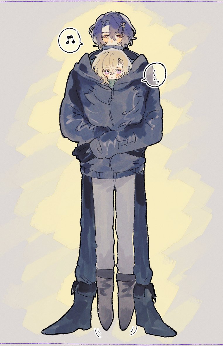 he image is a digital drawing or painting in a soft, pastel anime/manga style.  it depicts two characters, one taller male with purple hair and a dark blue jacket, and a smaller female character with blonde hair, tucked into the larger character's jacket.  the taller character is hugging the smaller one. the overall aesthetic is cute and friendly, with pastel coloring and soft lines.  there are speech bubbles including a music note symbol suggesting a song or tune, implying a peaceful moment shared between the two characters. the background is a light yellow/grey wash. the smaller character appears to be slightly cold or needing warmth.
