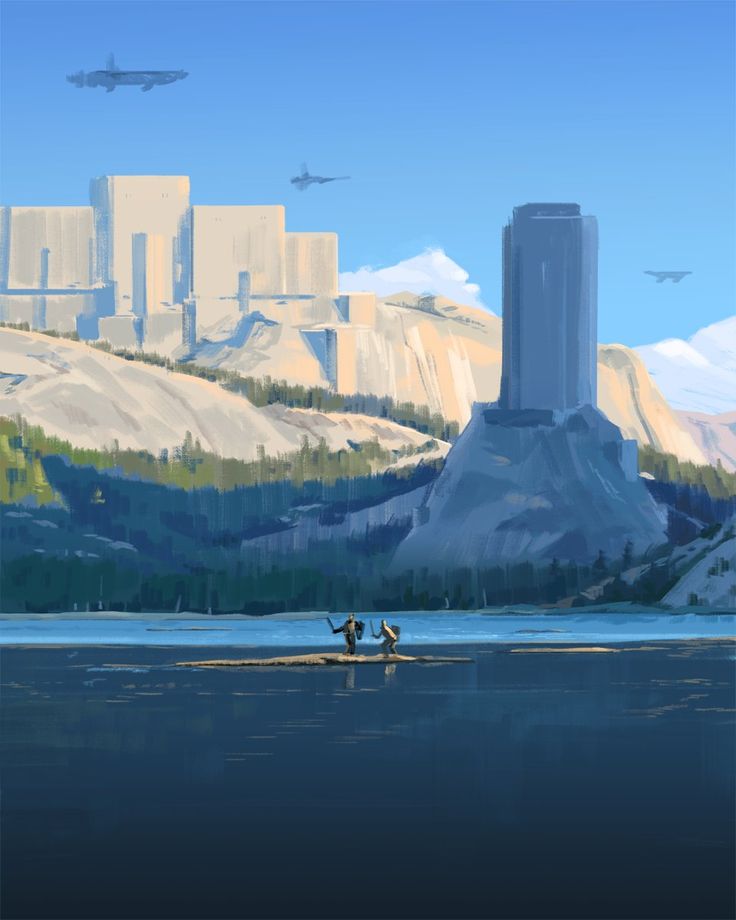 the image depicts two individuals standing on a small island in the middle of a serene lake. in the background, a futuristic city is nestled against a mountain range. the city is composed of towering structures with sleek, modern designs. several futuristic aircraft are seen hovering in the sky above the city and mountains. the overall atmosphere is one of tranquility, despite the imposing presence of the futuristic city. the sunlight casts a warm glow over the scene, highlighting the beauty of the natural environment and the stark contrast of the advanced civilization.