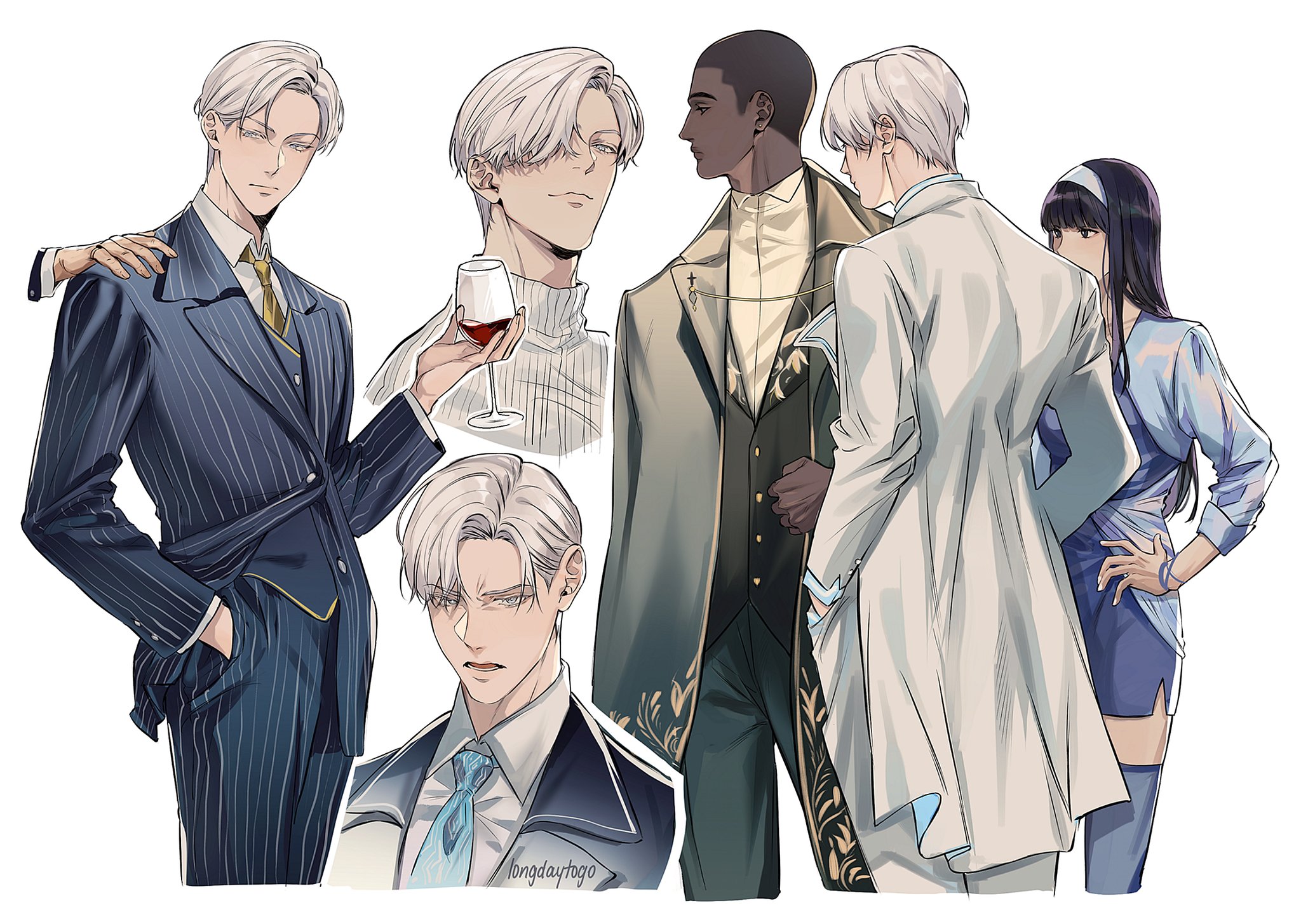 the image is a digital illustration or painting showcasing a group of stylized anime/manga characters.  there are four men and one woman.  the men are depicted in various poses and clothing styles: one in a sharp, pinstriped suit, another in a casual turtleneck and sweater,  a third in a more elaborate, darkcolored coat, and one in a loosefitting, lightcolored overcoat.  the men primarily have white or silver hair.  the woman has dark hair and is wearing a stylish, kneelength dress.  the overall style is elegant and fashionable. the artwork shows strong attention to detail in the clothing textures and characters' expressions. the artist's signature, "longdaytogo," is visible in the lower portion of the image.