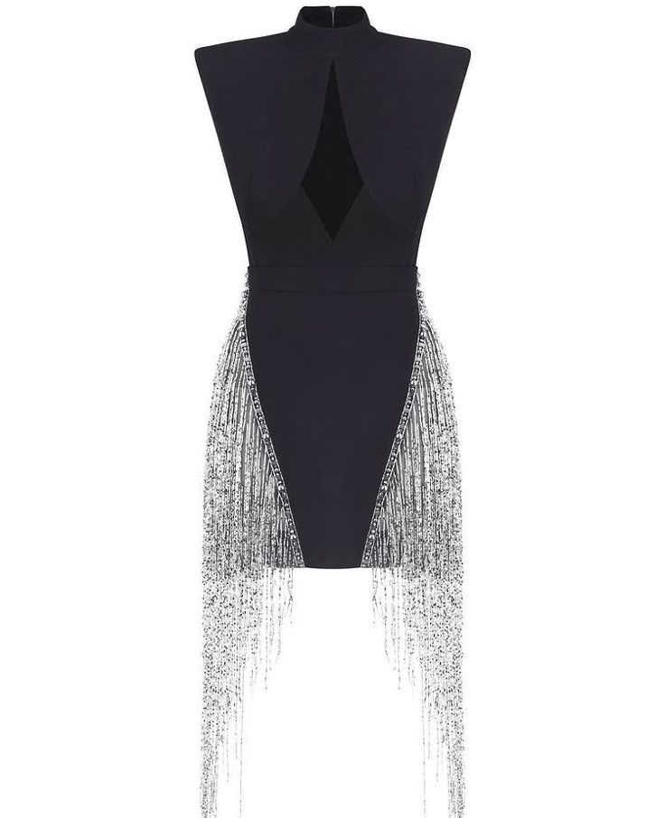 a black, sleeveless mini dress with a high neckline and a keyhole cutout at the chest. the dress has fringe detailing on the sides that hangs below the hemline.
