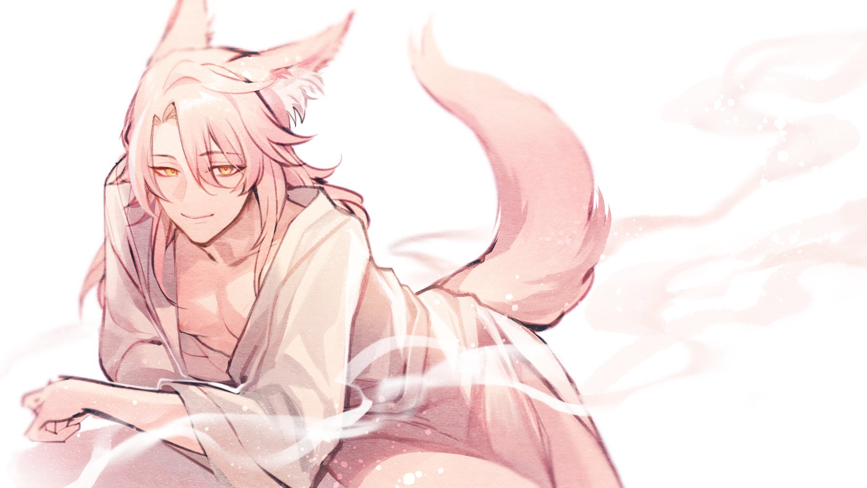 a pinkhaired, foxlike anime boy with long hair sits in a white robe with a fluffy, pink tail. his fur is visible in the back of his head and ears. he has bright eyes and a soft expression on his face. the background is a soft white with faint pink strokes that look like brushstrokes. he looks relaxed and comfortable.