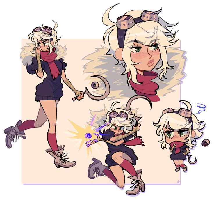 this is a digital art piece of an anime style girl character.  she is drawn in different poses and outfits, and seems to be a little mischievous.  she wears a black and red outfit with a large white fur collar and goggles.  the illustration is set against a white background.