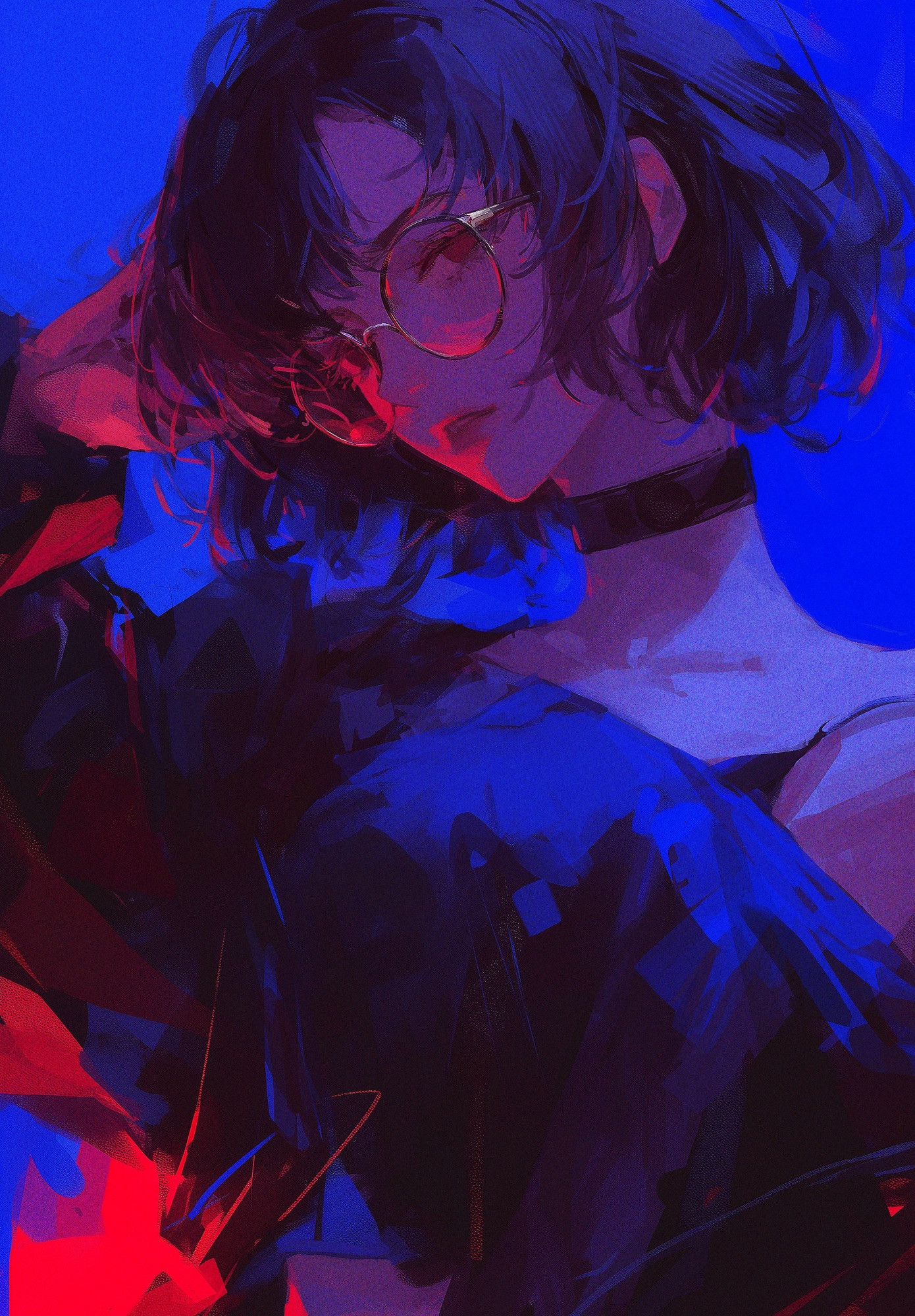 the image is a digital painting of a stylized anime girl. she has short, dark blue hair, is wearing round goldrimmed glasses, a dark choker, and a dark jacket. the art style is painterly and somewhat abstract, using bold strokes and vibrant colors, primarily shades of blue, red, and purple.  the overall mood is dark and atmospheric, suggesting a cyberpunk or futuristic setting.  the lighting is dramatic, emphasizing the contrast between the light and dark areas and creating a sense of depth.  the girl's expression is somewhat pensive or melancholic. the colors are heavily saturated, and the brushstrokes are visible, contributing to the painting's texture.