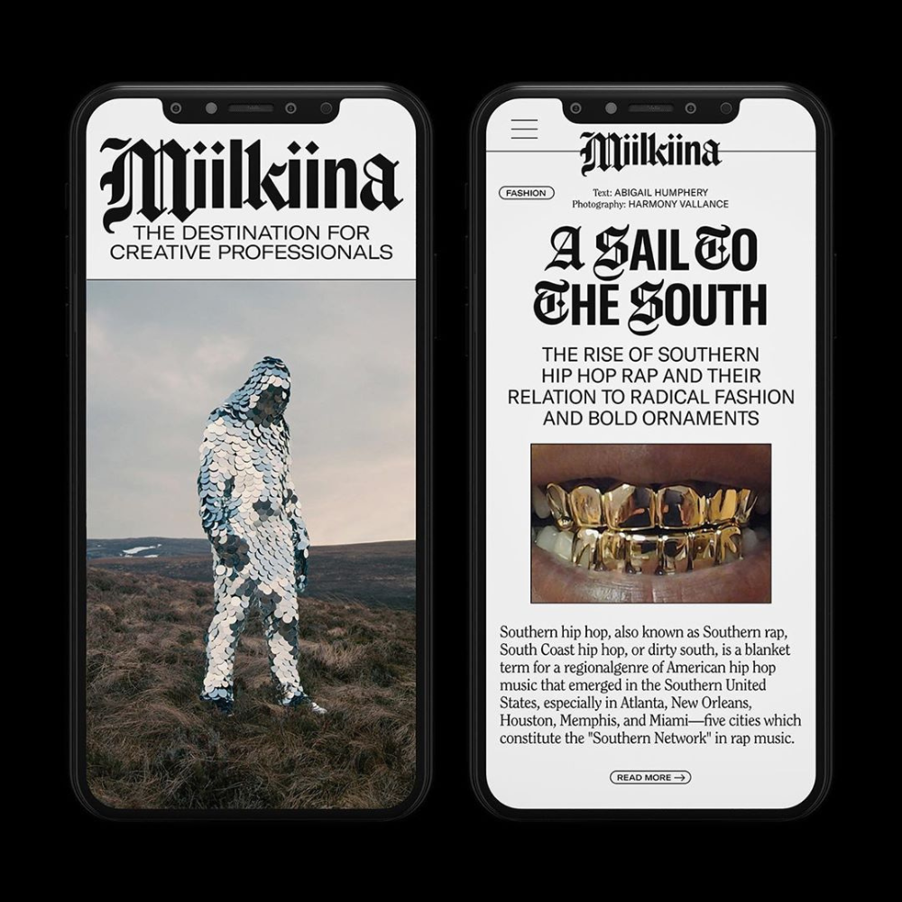 the image showcases a magazine cover for a publication called "miilkiina: the destination for creative professionals." the magazine is focusing on a fashion story titled "a sail to the south," which delves into the rise of southern hip hop and its relationship to radical fashion and bold ornaments, specifically using gold grills. the left side of the image features a person in a silver, scaly, fullbody outfit standing on a green grassy hill. the right side of the image showcases a closeup shot of someone's mouth with prominent gold grills.