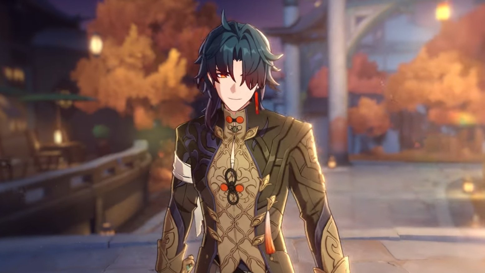 this image shows a male anime character. he has long dark hair and red eyes. he is wearing a black jacket with golden trim and a tan shirt. he has a red tassel hanging from his neck. he is smiling and looking to the right.