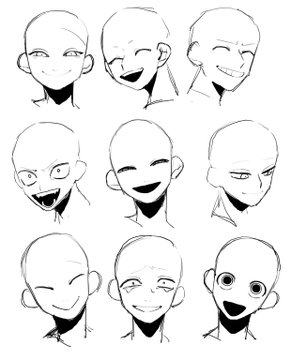 the image consists of nine sketches of faces, each depicting a different type of smile or grin. they are all drawn in a simple, cartoonish style with minimal detail.