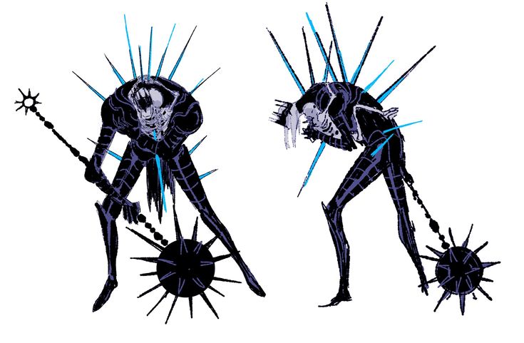 a drawing of two black and white, spiked, fantasy monster characters. they are both holding spiked weapons on chains. the drawing is done in a rough style, with many black lines and blue accents.