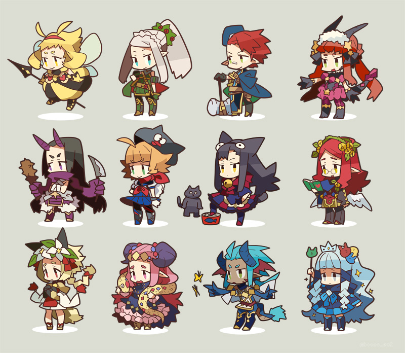 the image showcases twelve chibistyle characters from the mobile game fire emblem heroes, lined up in three rows of four. each character represents a different hero from the game, depicted in simplified and adorable forms. they are set against a plain, lightgrey background, drawing focus to the colorful characters and their designs.