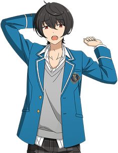 an anime boy with black hair and red eyes is depicted in a standing pose against a white background. he wears a blue blazer with gold trim over a gray sweater and a white undershirt. the boy has his right arm raised behind his head, while his left arm is bent with his hand near his chest. his facial expression suggests surprise or disbelief.