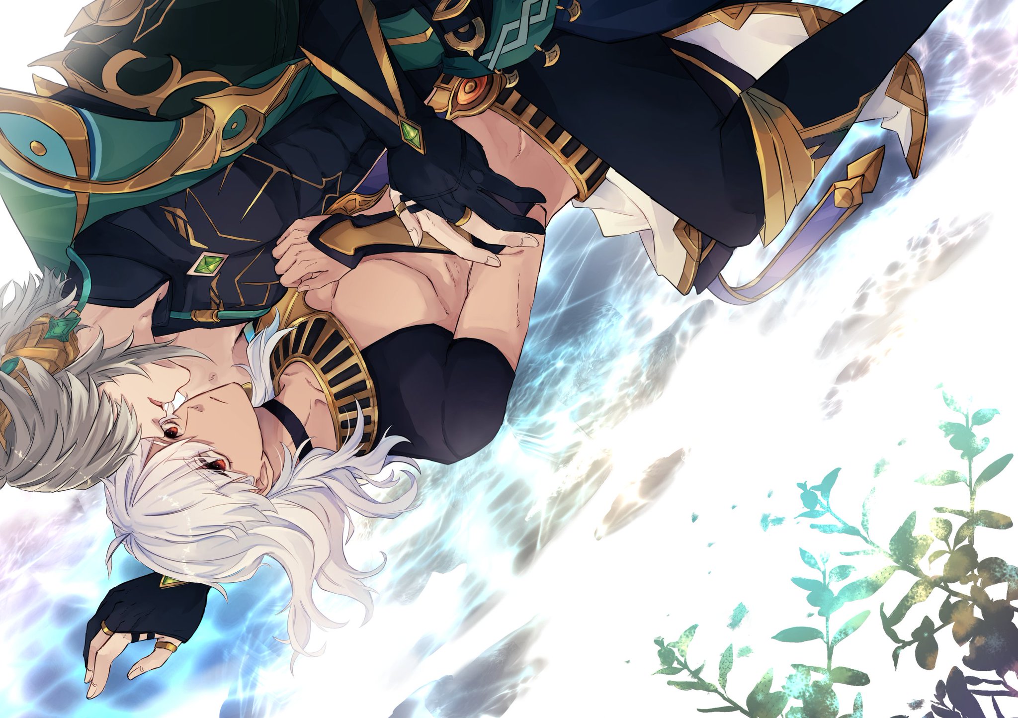 the image depicts a scene of two anime characters, a man with white hair and blue eyes, and a man with green hair and blue eyes, embracing each other. the whitehaired man is laying on his back, while the greenhaired man is hovering above him, his hands gently caressing the whitehaired man's torso. their bodies are intertwined in a loving embrace, and they share a tender look of adoration. the artwork is stylized in a vibrant and colorful anime fashion, with intricate details in their clothing and surroundings. they are surrounded by a soft, white light, hinting at a sense of intimacy and peace. the background features a soft blur of colors and shapes, creating an ethereal and romantic atmosphere.