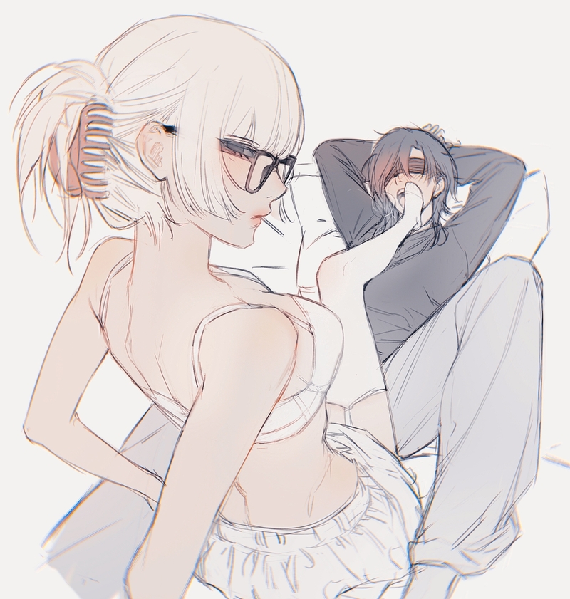a blonde haired anime girl with glasses is looking down at a man in a black shirt, he has dark hair and is sleeping in a bed. the girl is wearing a white bra and white shorts. the image is a handdrawn illustration in a light grey color palette.  the background is a white sheet.