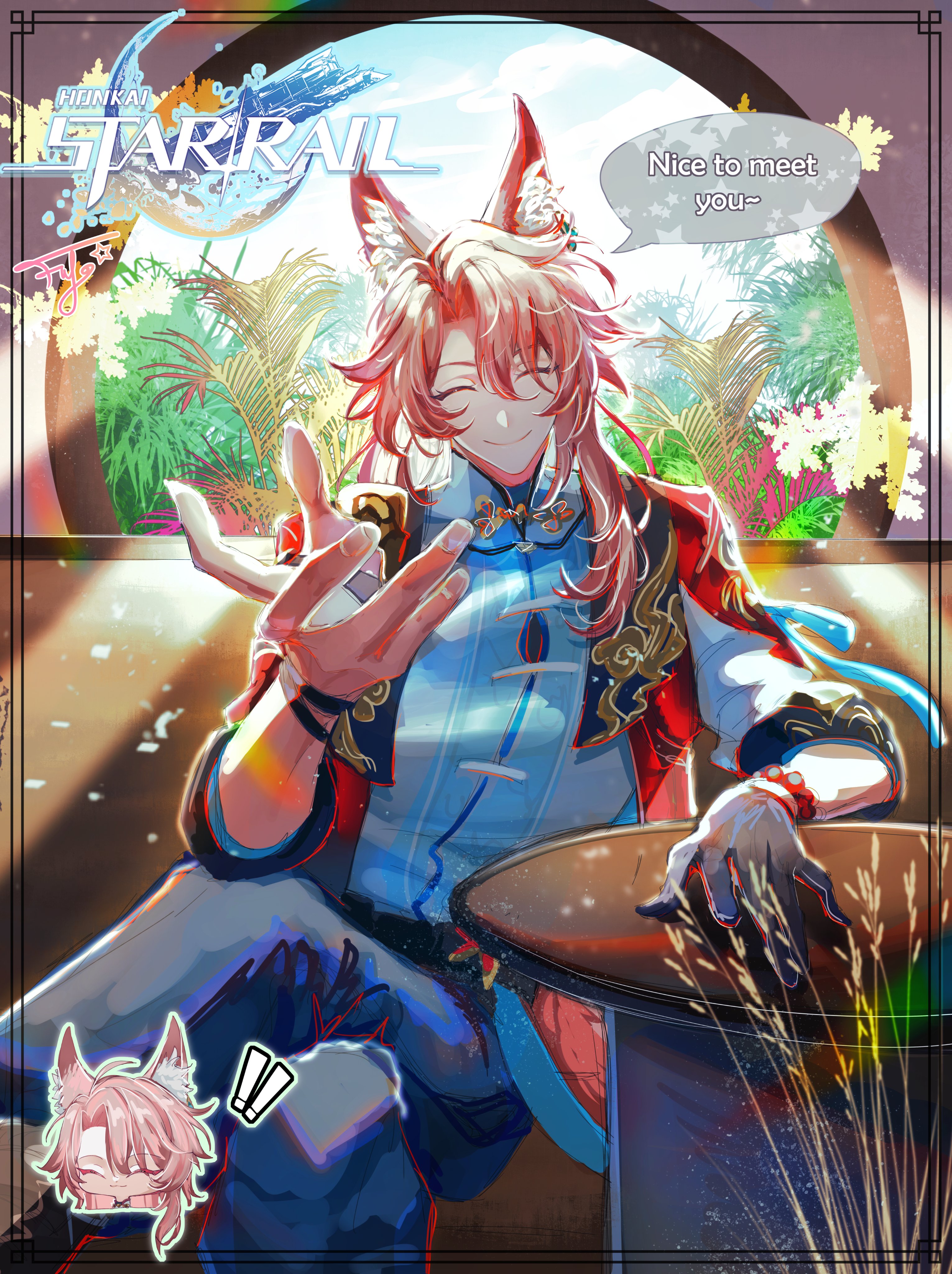 this is a beautiful piece of fanart depicting jingliu from the video game honkai: star rail. the art style is anime/manga inspired, showcasing a digital painting with vibrant colors and intricate details.  jingliu is depicted sitting, dressed in a beautiful traditional chineseinspired outfit with blue and red tones, with distinctive fox ears.  the background features a sunny garden scene, giving a calm and serene atmosphere. a speech bubble above jingliu's head reads "nice to meet you—".  a smaller image of a chibistyle jingliu is visible in the bottom left corner. the game's logo is in the upper left corner. the overall impression is one of grace, elegance, and a gentle introduction to the character.