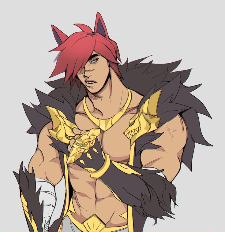 the image is a piece of digital fanart depicting a muscular male character in a stylized anime/fantasy style.  he has red hair, wolflike ears, and is adorned in gold and darkcolored armor and clothing with furlike elements. his expression is confident, bordering on arrogant. he has a powerful physique, and the overall style suggests a warrior or powerful fighter. the artwork is wellexecuted, showcasing a smooth blend of colors and attention to detail in the character's anatomy and clothing. there's a possibility that the character is inspired by or is fanart of a character from a video game, potentially league of legends, given the design elements.