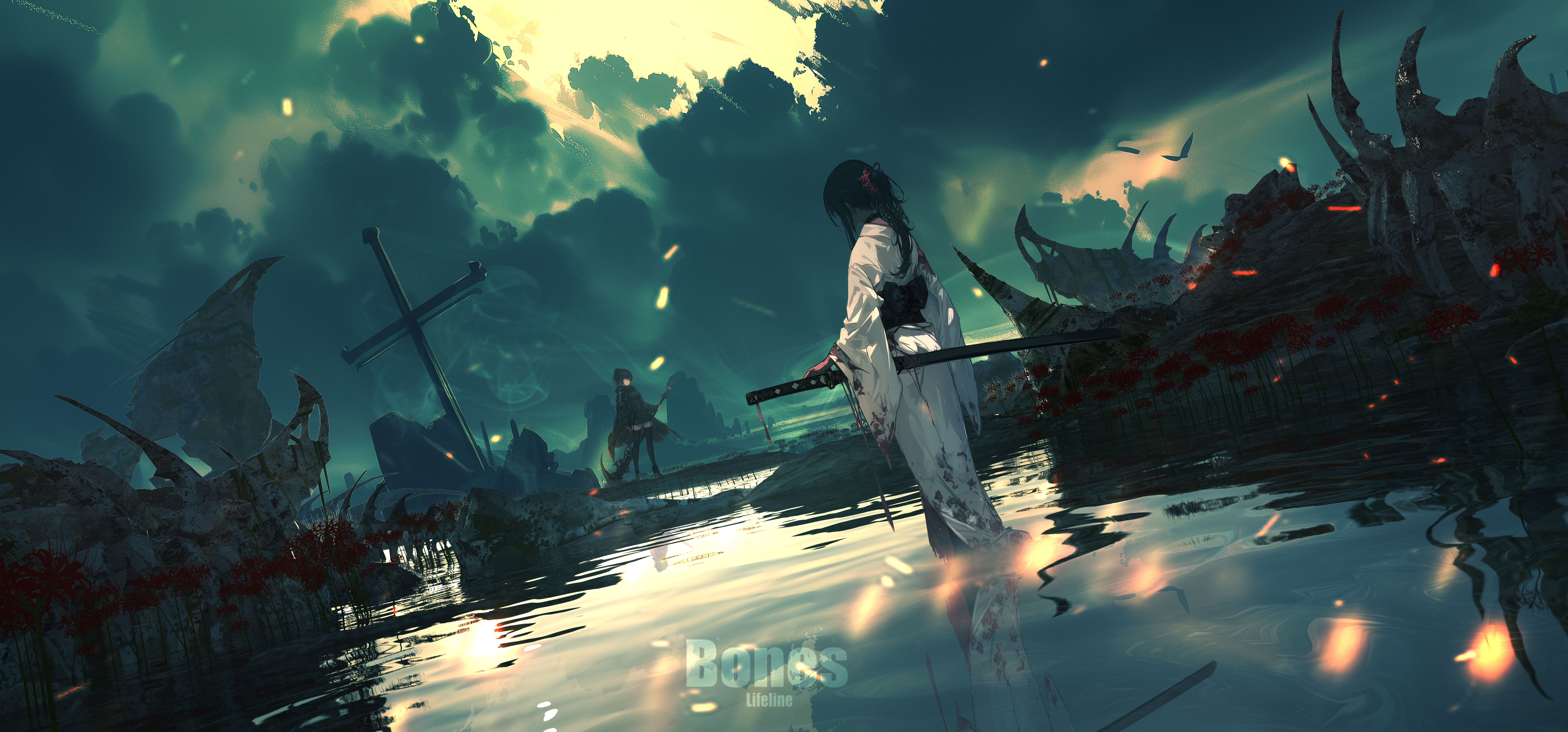 the artwork depicts a young woman, possibly a samurai, standing in a desolate, watery landscape. she's dressed in a white kimono, partially stained with what appears to be blood, and holds a katana.  the background is a ruined and decaying environment, featuring broken structures resembling skeletal remains and crosses, suggesting a graveyard or battleground.  red spider lilies are scattered across the land and water. the overall atmosphere is dark, mysterious, and evocative of a postapocalyptic or fantasy setting. the style is reminiscent of digital painting, with a focus on atmosphere and mood. the artist's signature, "bones lifeline," is visible at the bottom. the scene is reflected in the still water, mirroring the desolation.