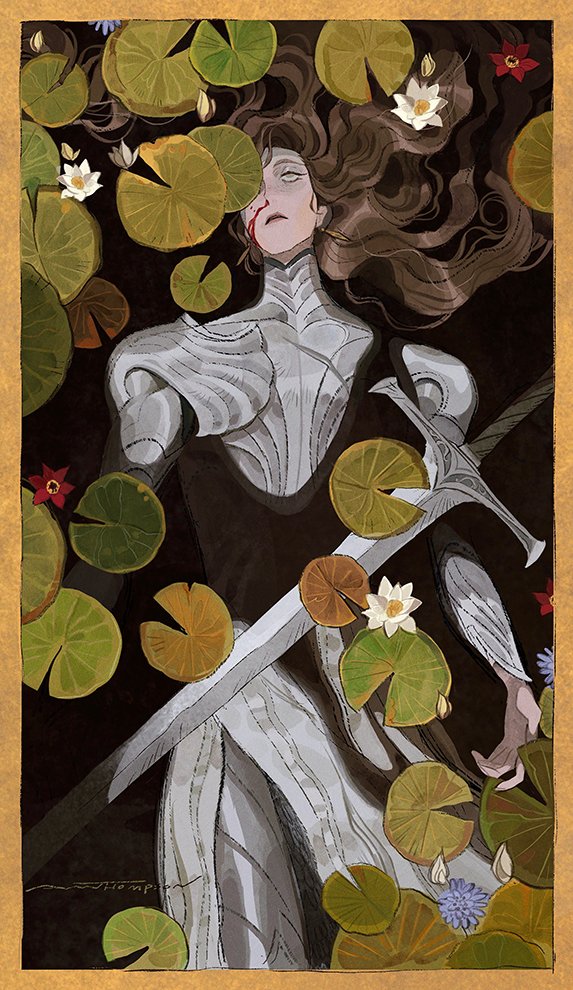 a woman in shining knight armor, with her long hair floating around her, lies in a dark pond with lily pads surrounding her. there is a sword at her side, with a small amount of blood on her face. the woman appears to be dead, the setting suggests she is a fallen knight. the scene is set in an idyllic, fantasy world with lush lily pads and delicate water lilies. the woman's armor suggests she was a powerful and respected warrior. the image evokes feelings of tragedy, loss, and the fragility of life. the artist uses a painterly style with soft, delicate colors and details to convey a sense of both beauty and sorrow.