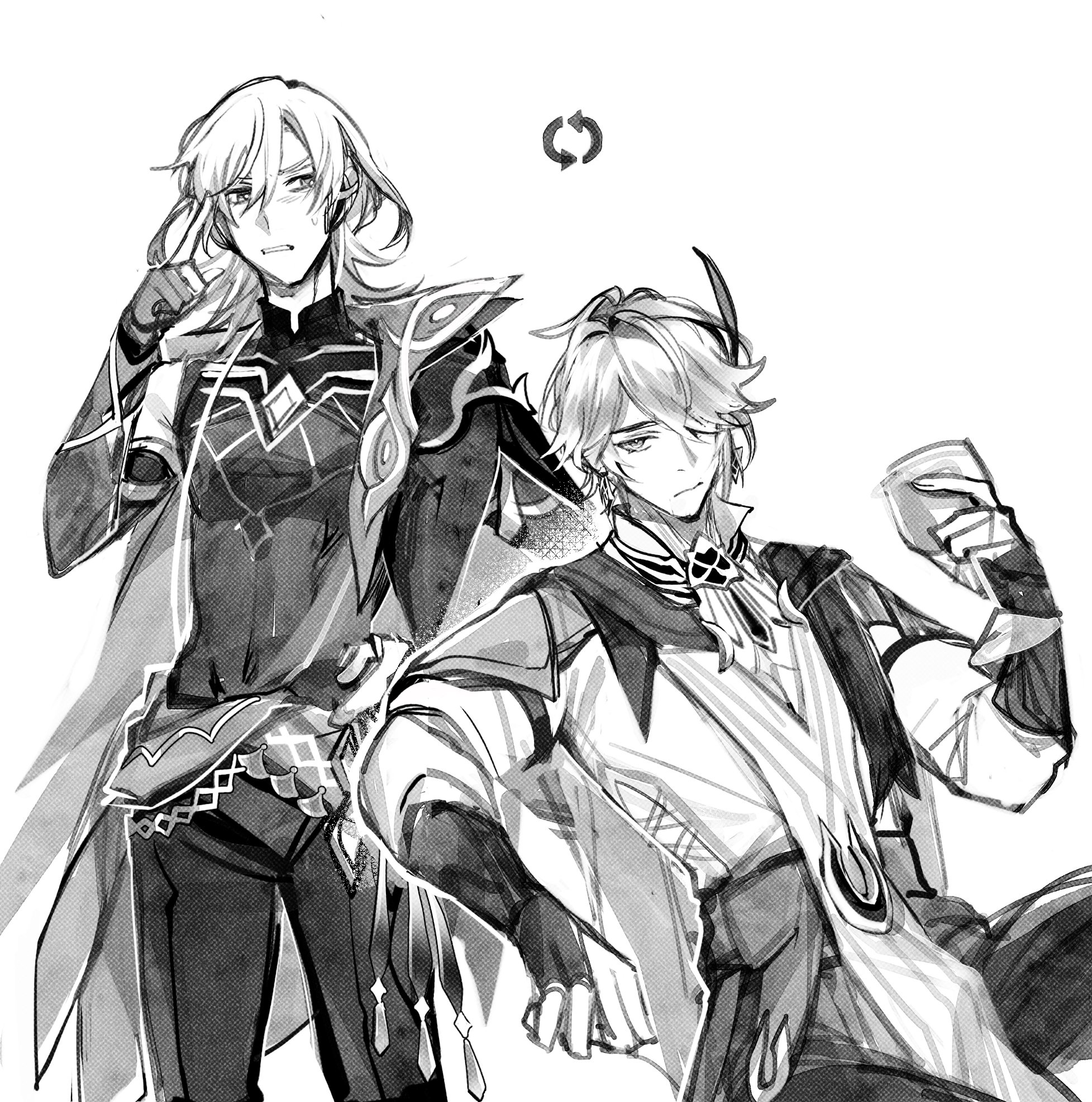 this is a black and white illustration of two male characters in anime style. the character on the left is standing with one hand on his head, and the other hand holding a weapon or an object that is not visible in the image. he has long blonde hair and is wearing a  long sleeved outfit with a decorative pattern on it. the character on the right is sitting with one hand on his knee, and the other hand holding a glass with something in it. he has long blonde hair and is wearing a white shirt and pants. both characters have dark eyes. the image is set against a simple white background.