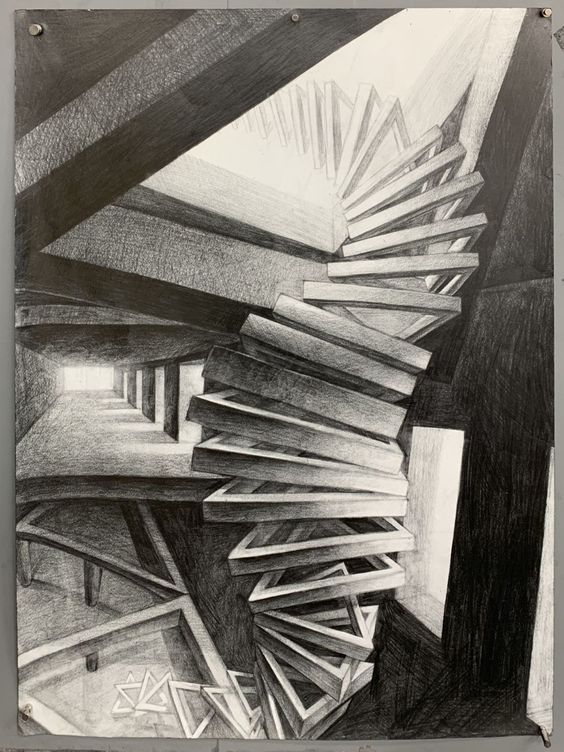 this is a black and white pencil drawing of an abstract architectural scene. it depicts an impossible staircaselike structure made of square and rectangular frames twisting upwards within a larger architectural framework. there are also elements of pillars, corridors, and a light source at the end of a hallway. the drawing uses strong contrasts of light and shadow to create a sense of depth and volume.