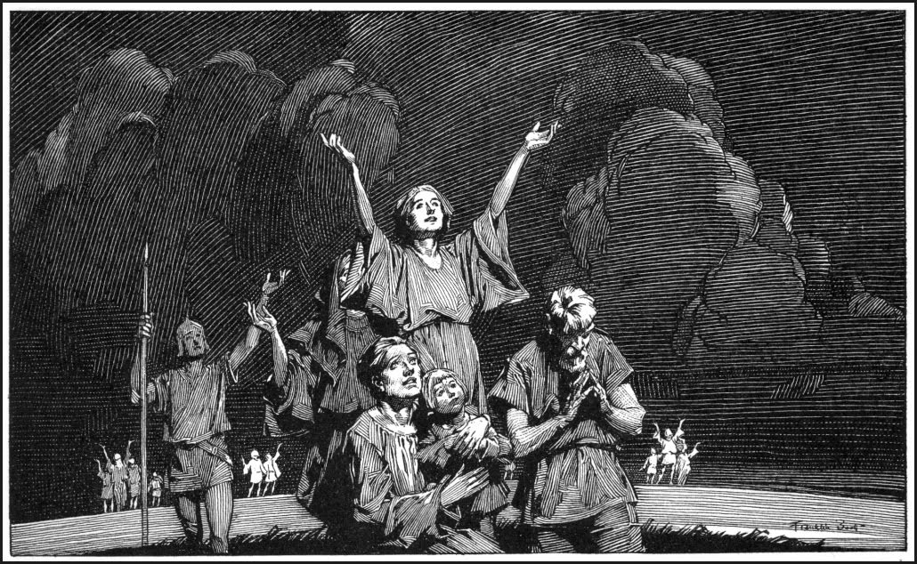 a black and white woodcut illustration depicting a group of people, predominantly women and men, gathered under a dramatic, cloudy sky. the central figure is a woman with her arms raised in supplication or worship. those around her are also expressing reverence or devotion, their poses suggesting prayer or adoration.  the style is evocative of vintage religious or historical art, with strong lines and shading creating depth and emotion. the background is a turbulent sky, filled with dark clouds, adding to the intensity of the scene. the overall impression is one of religious fervor, spiritual experience, or a moment of profound emotional intensity. the style suggests woodblock printing or a similar technique.