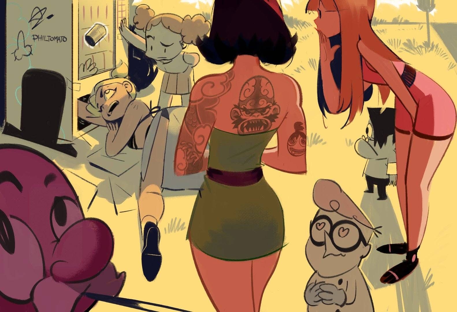 a stylized cartoon illustration features a diverse group of characters in an outdoor setting. prominently in the foreground is a woman with tattoos on her back and arms, wearing a green outfit. other characters include a woman with orange hair, a nerdylooking character with heartshaped glasses, a girl with pigtails, a figure lying down, and a large, round, purple character with a top hat. the style resembles a sketchbook drawing with rough lines and vibrant colors. the overall tone is lighthearted and playful.