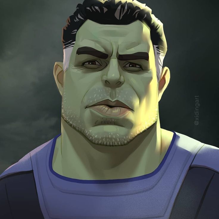a digital portrait of smart hulk, also known as bruce banner, from marvel comics. the character has green skin, dark hair with graying temples, and a stern expression. he is wearing a purple and dark blue shirt. the illustration includes shading and highlights, with the artist's signature in the bottom right corner.