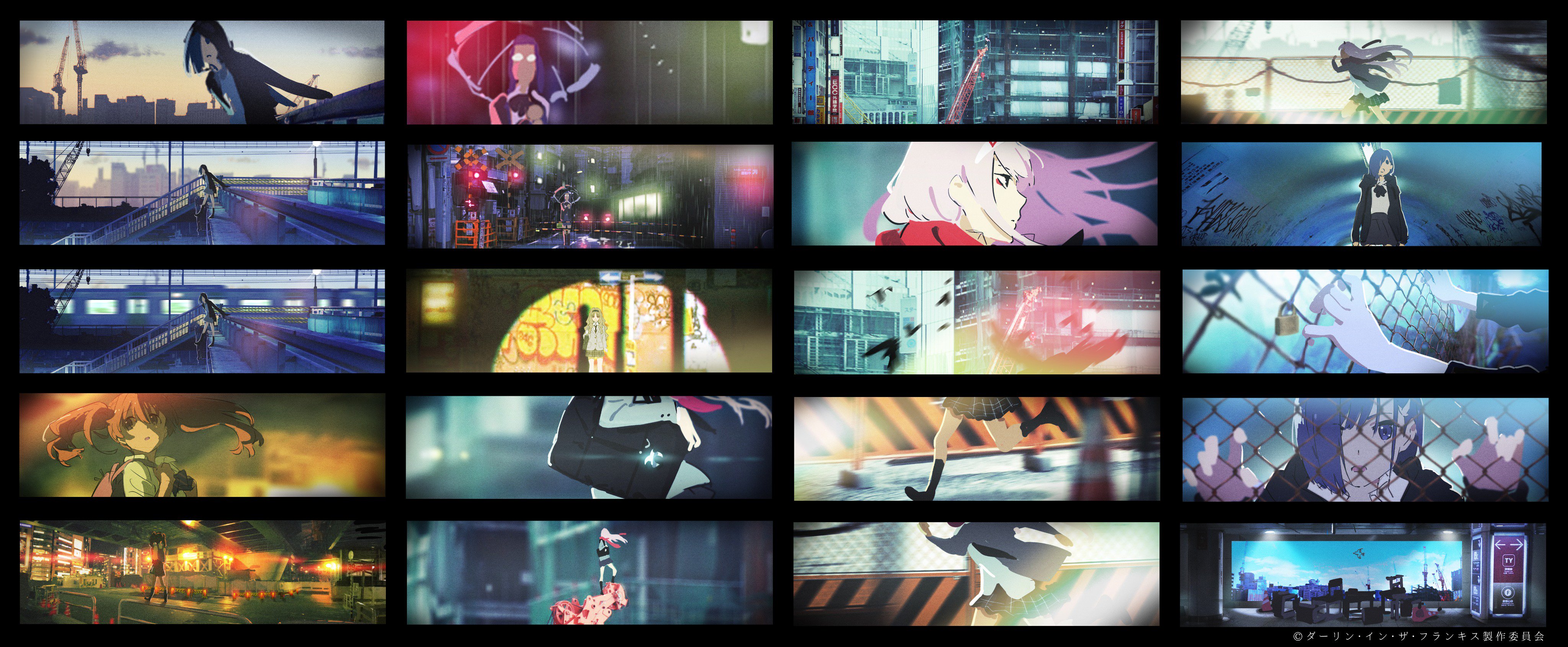 the image is a collage of various anime scenes, primarily set in urban environments at night. the scenes depict characters in motion, often with dramatic lighting and a sense of action or emotional intensity. the color palette leans towards cool tones, with pops of neon and bright lights contrasting against the dark backgrounds. the overall impression is one of dynamic storytelling and a visually captivating atmosphere.