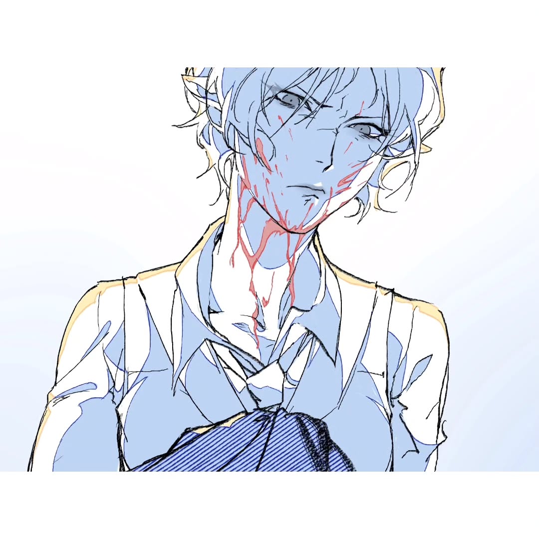 the image is an animestyle illustration or drawing of a young woman or girl with short, slightly tousled hair.  her face and neck are covered in streaks of blood, suggesting she has been injured or attacked. her expression is one of pain or distress. she appears to be wearing a lightcolored collared shirt. the art style is loose and sketchy, with visible lines indicating the process of creation. the overall color palette is muted, primarily light blue and white, with the contrast of red blood standing out. the background is plain white. the image conveys a sense of vulnerability and suffering.