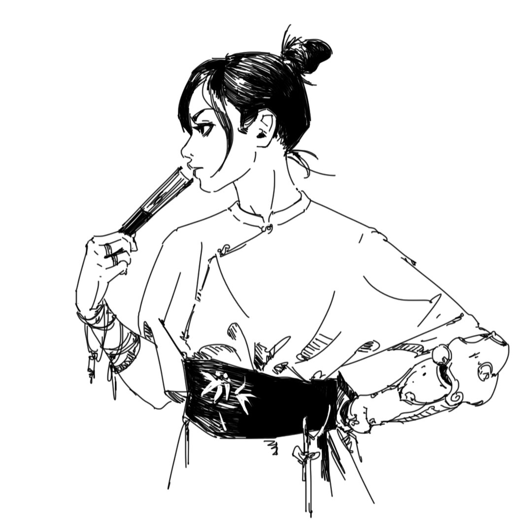 the image is a black and white line drawing of a young woman with a distinctly anime/manga style. she has dark hair pulled up in a bun, and her expression is one of quiet contemplation. she's wearing an asianinspired outfit with a modern twist  the top resembles a loosefitting tunic or blouse and she sports a dark, patterned belt.  her right arm appears to be partially robotic or prosthetic. she holds a hand fan near her mouth. the style is loose and expressive, more of a sketch than a highly polished piece. the overall impression is of a blend of traditional and futuristic elements.
